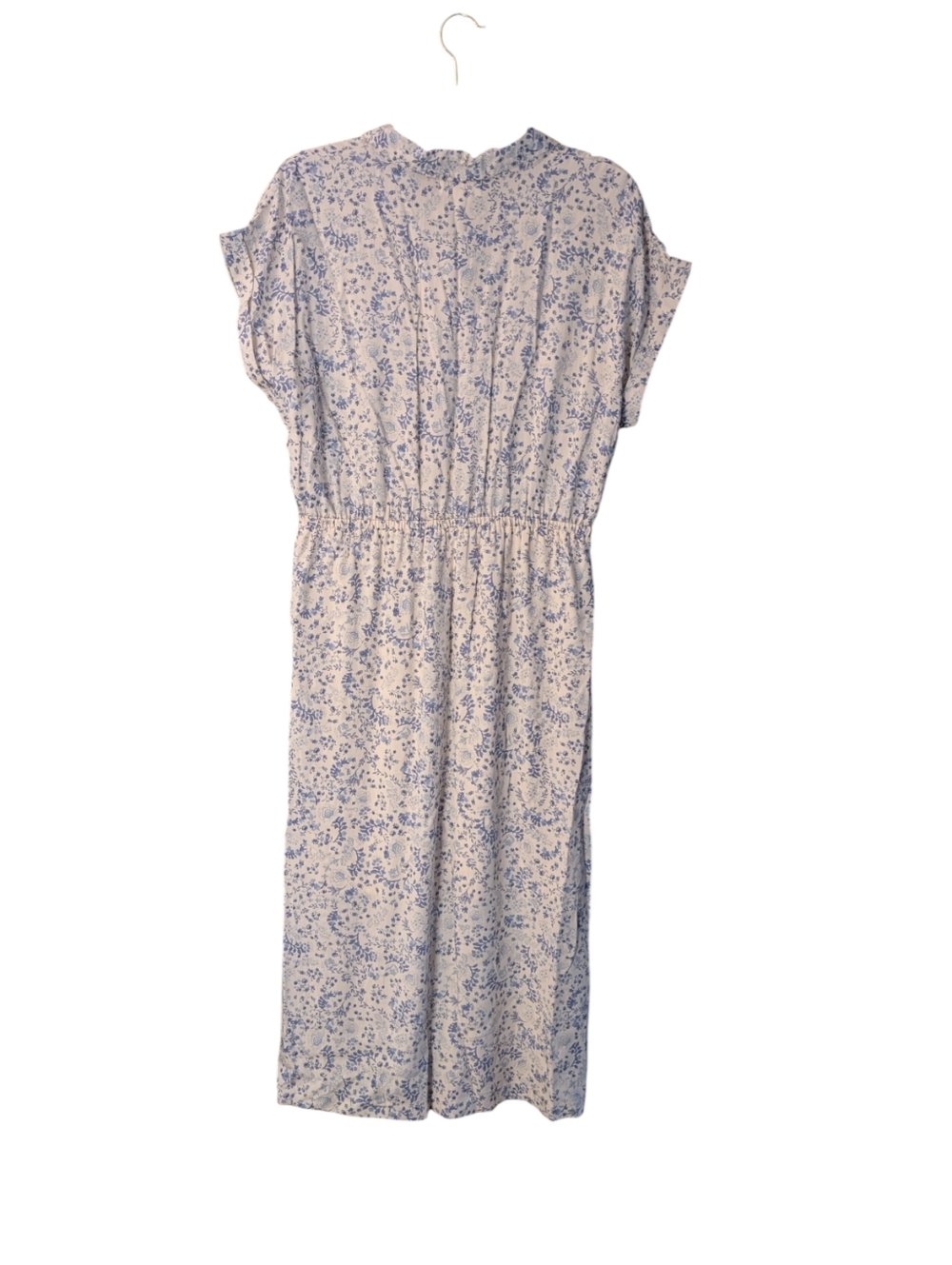 NWT Short Sleeve Utility shirt Dress In sand & blue floral midi size Large boho - Picture 2 of 8